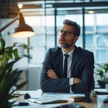 An image of a businessman in his office, contemplating various factors before choosing a recruiting firm.