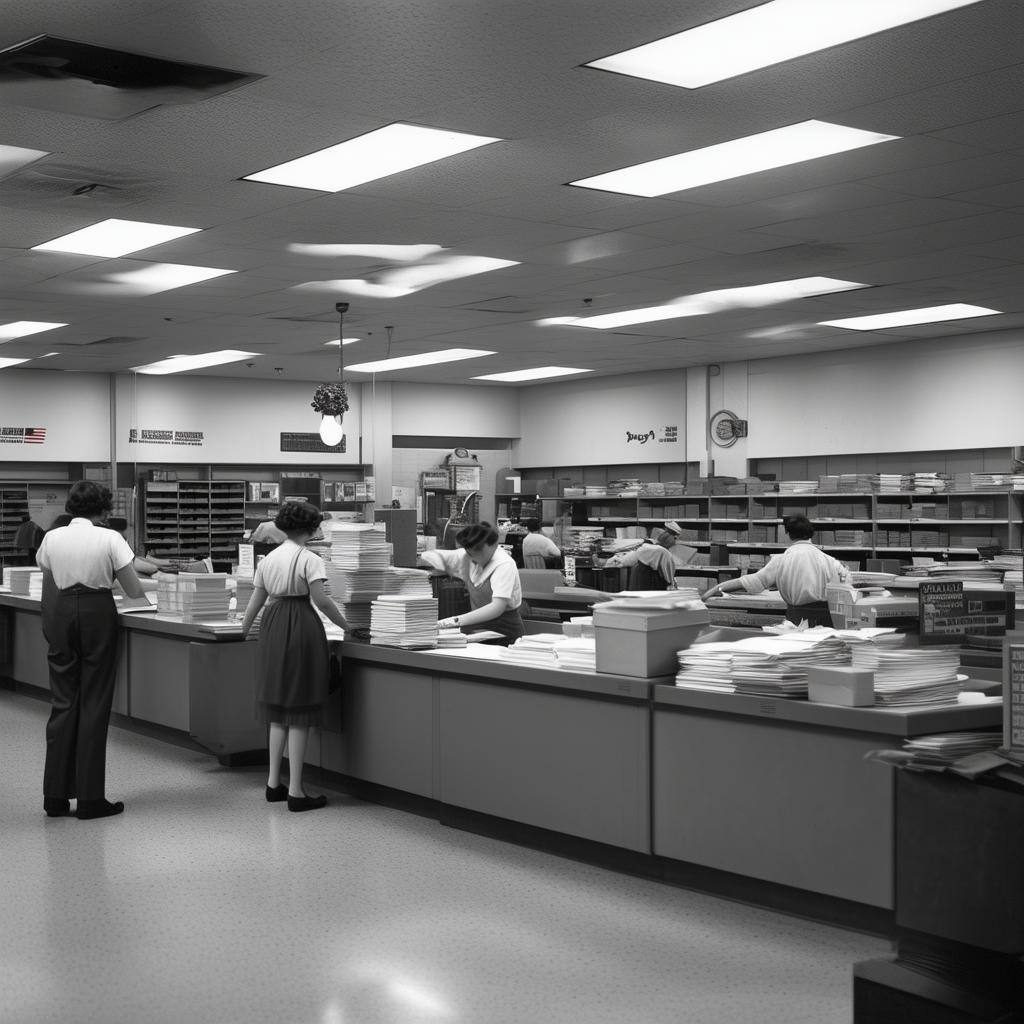 Image of a post office with employees working at counters, sorting mail, and assisting customers, illustrating various post office job roles