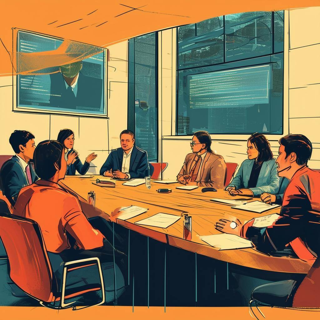 group of people sitting in front of a table and having a meeting 