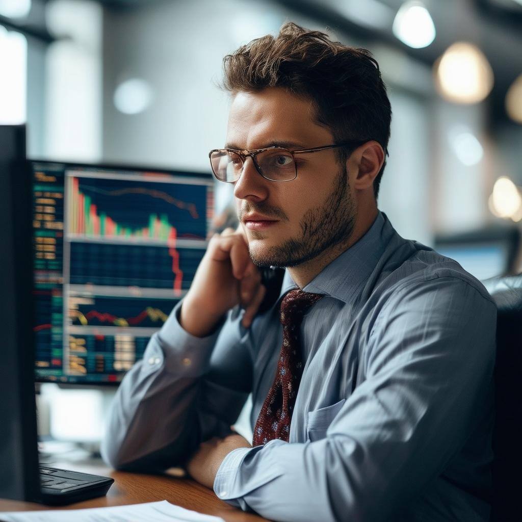 a stock broker sitting in his office