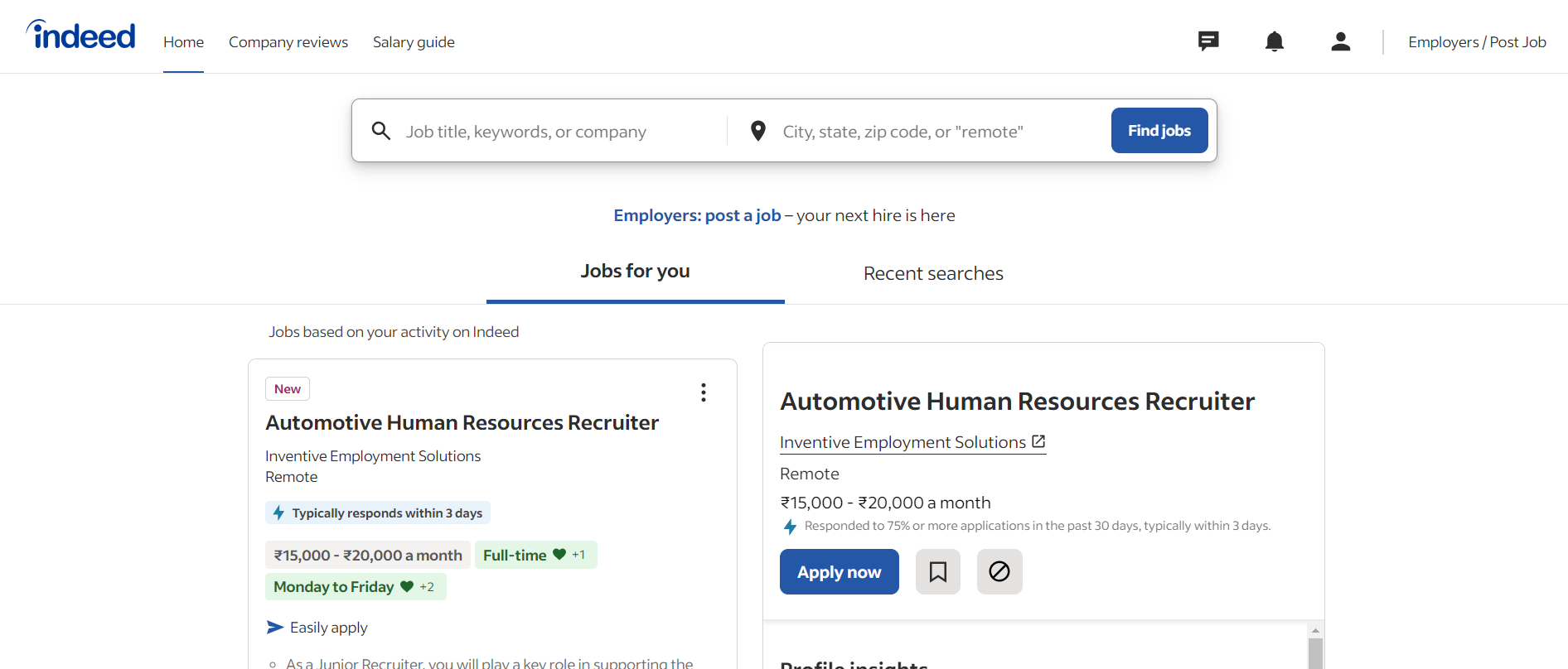 indeed job portal candidate dashboard