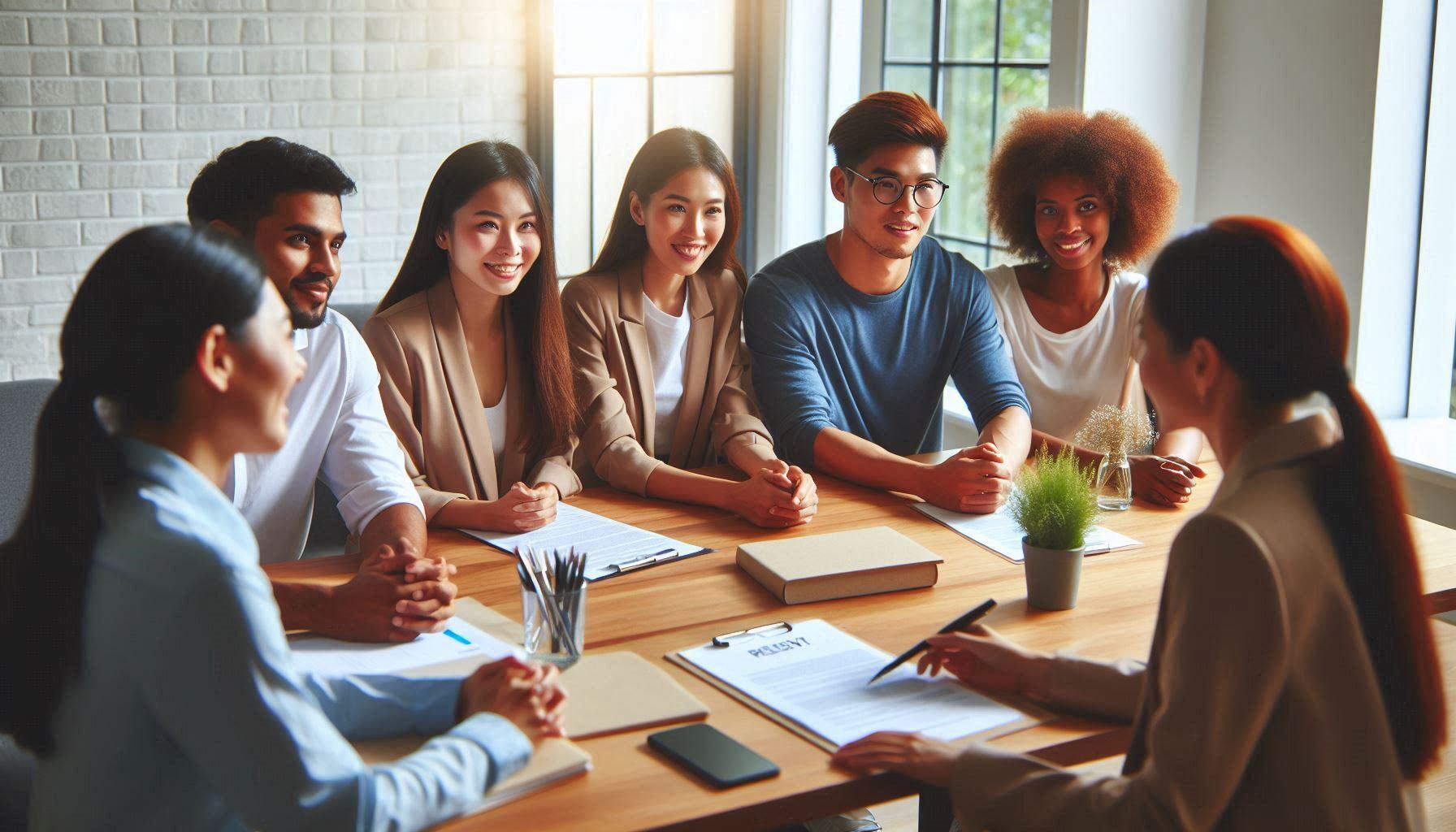 A diverse group of individuals engaged in conversation while seated around a table in a collaborative setting.